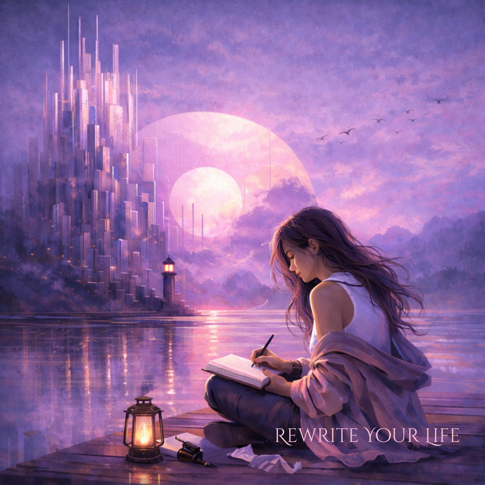Woman sitting by a lake with a futuristic city and moon in the background, with text 'Rewrite Your Life'.