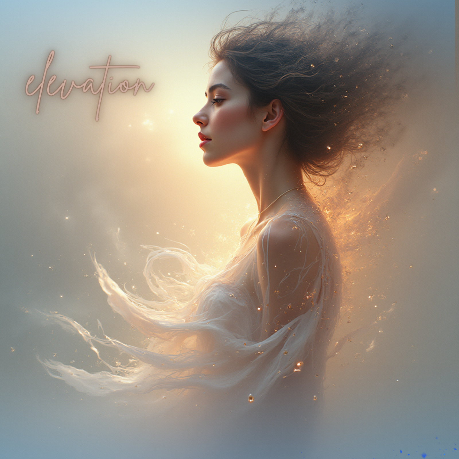 Woman with flowing hair and a soft, warm glow with 'elevation' text.