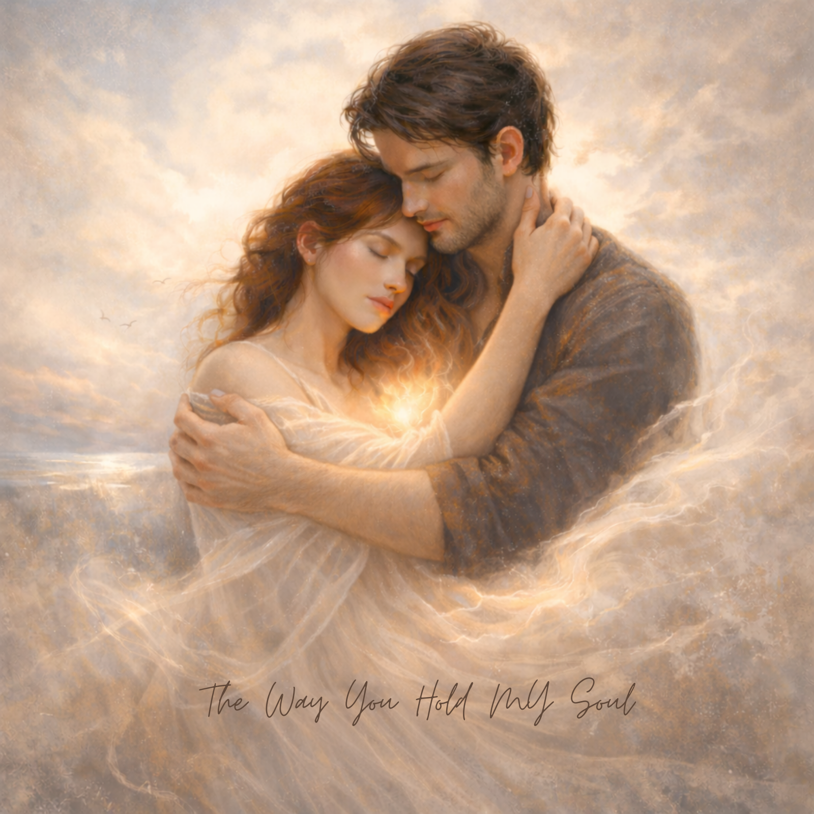 Couple embracing with a soft, warm background and text 'The Way You Hold My Soul'.