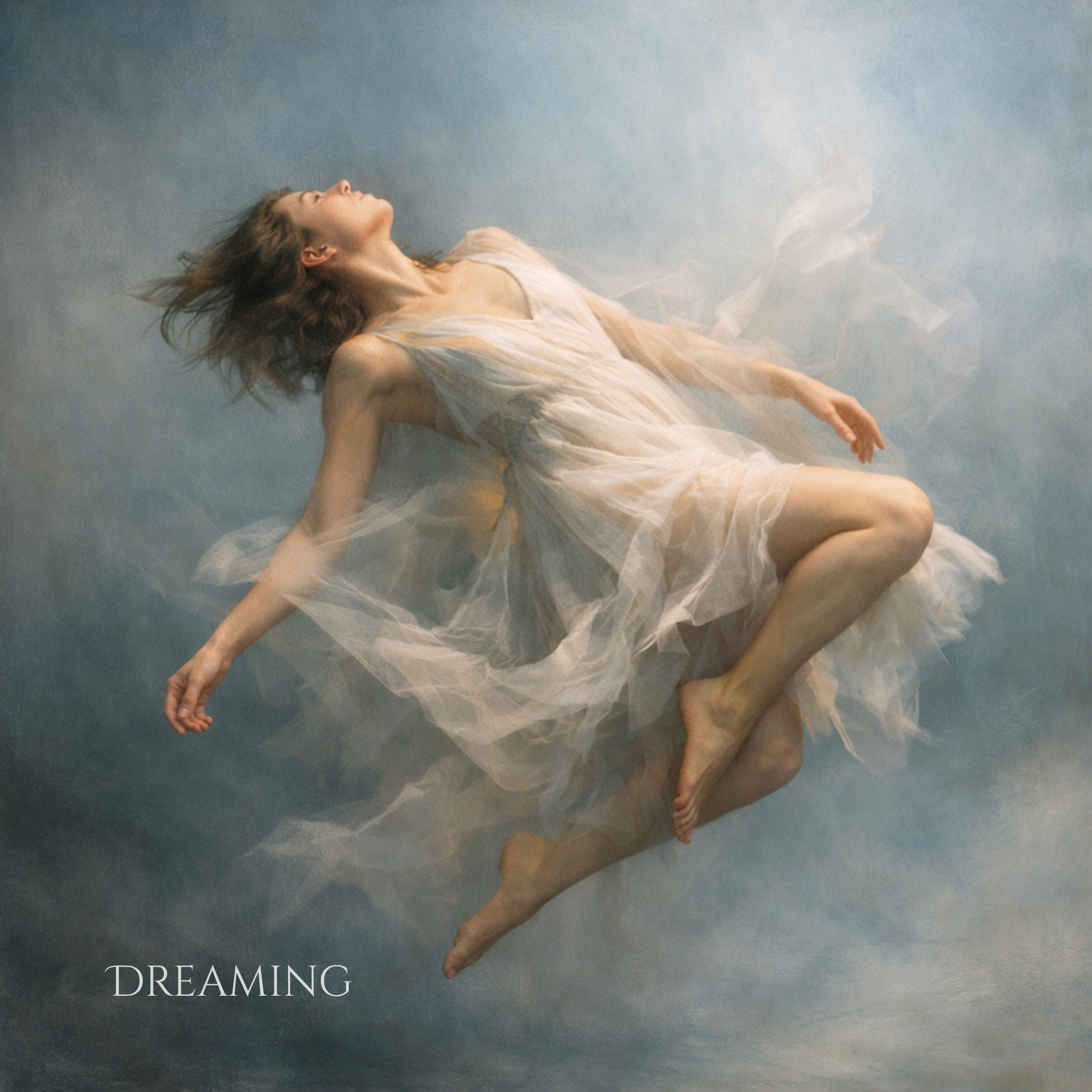 Woman in a flowing dress floating against a blue gradient background with 'Dreaming' text.
