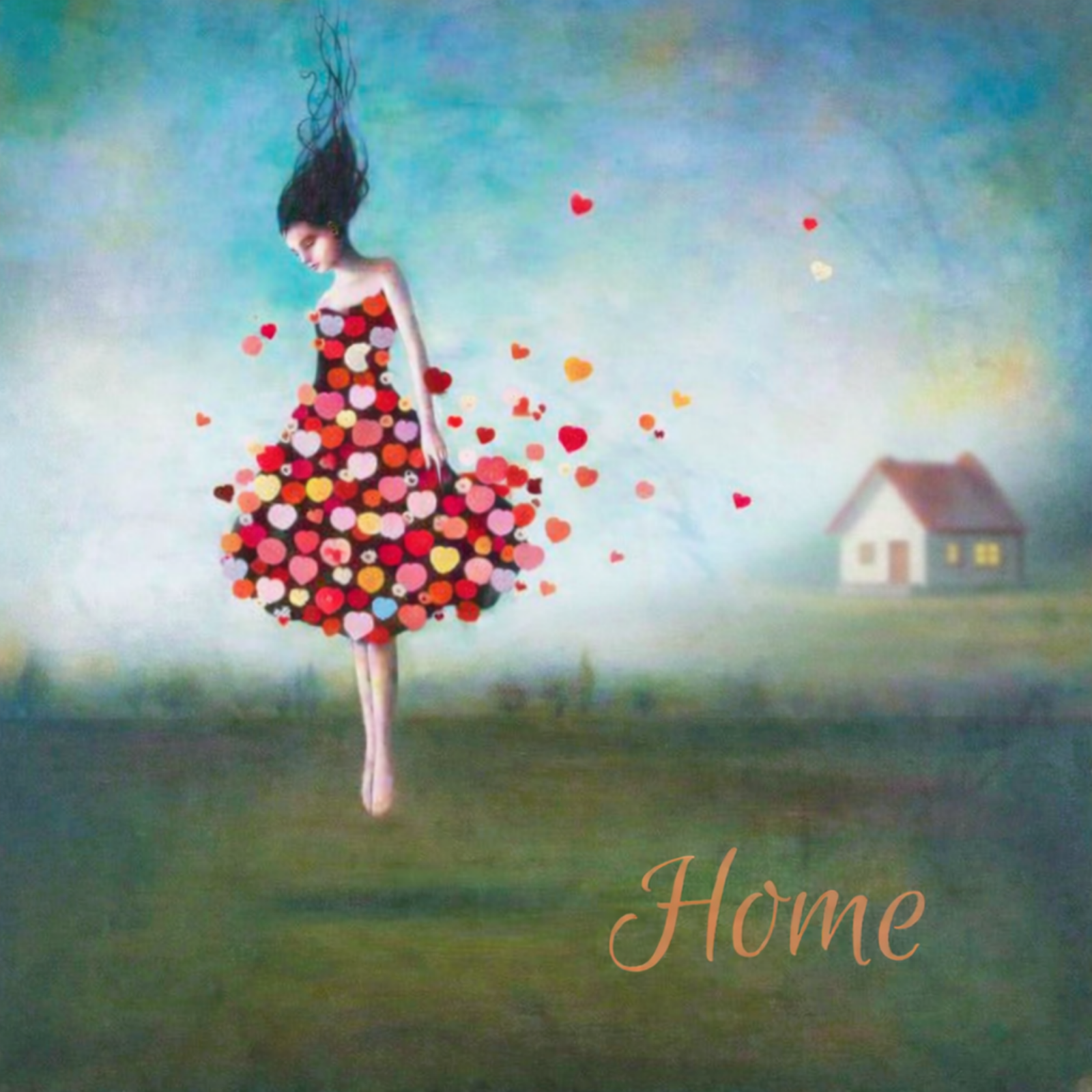 Artistic depiction of a woman in a colorful dress with hearts, standing in a field with a house in the background, and the word 'Home' at the bottom.