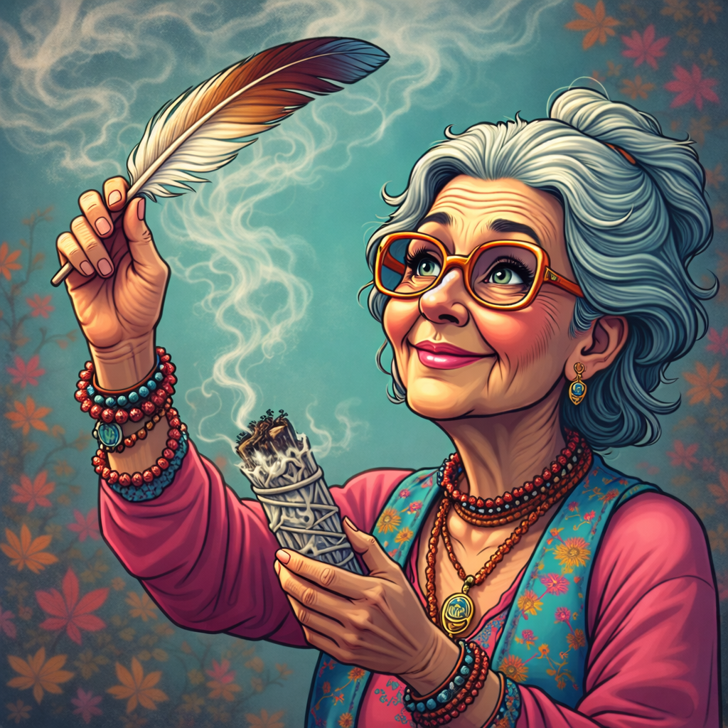 Illustration of an elderly woman holding a feather and incense, with a floral background