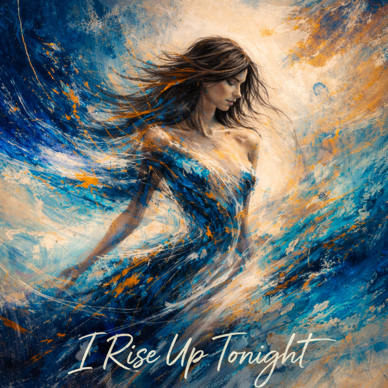Artistic depiction of a woman with flowing hair against a blue and orange abstract background, with text 'I Rise Up Tonight'.