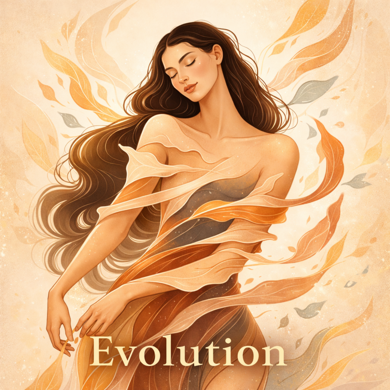 Artistic depiction of a woman with flowing hair and 'Evolution' text on a warm-toned background